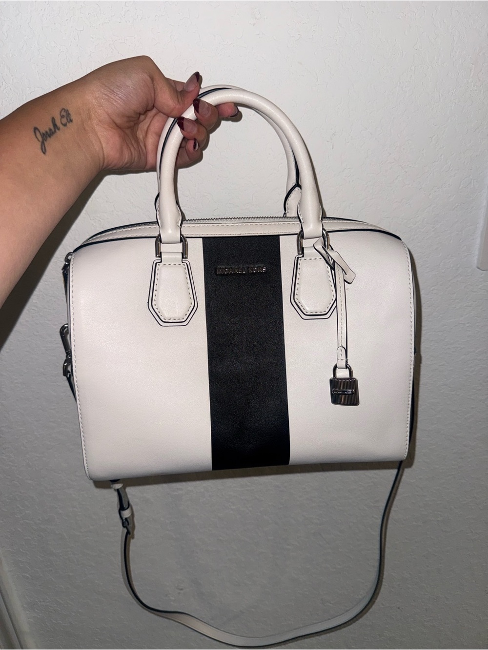 Michael Kors White Satchel with Black Center Stripe